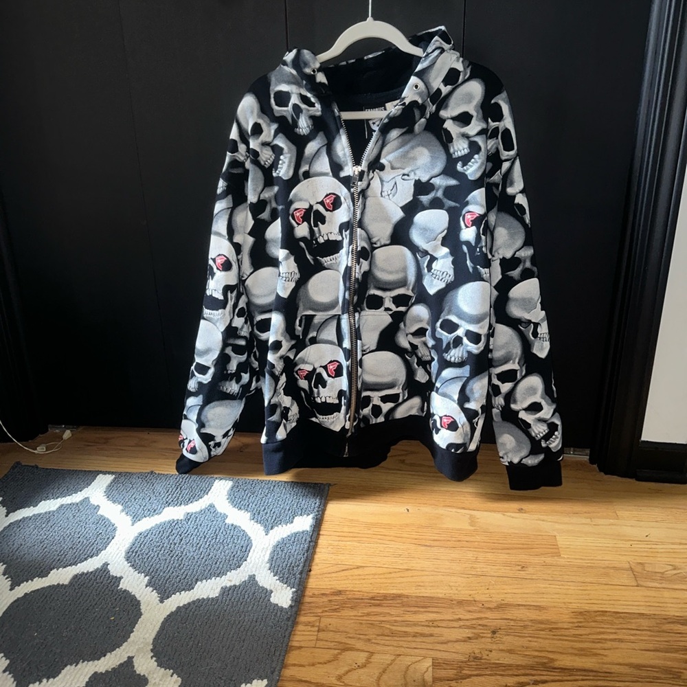 Famous Stars & Straps Black Skull Zip Hoodie with Pink Eye Accents